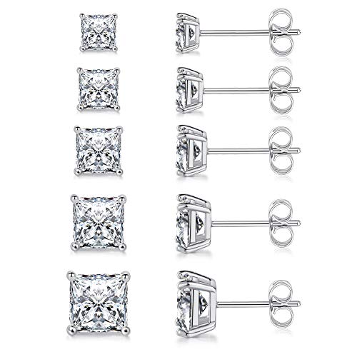 MDFUN 18K White Gold Plated Princess Cut Square Clear Cubic Zirconia Stud Earring Pack of 5 Pairs