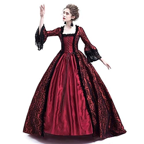 HFU Women's Renaissance Medieval Floor Lace Ball Gown Over Long Dresses Party Gothic Queen Masquerade Costume (37# Red, M)