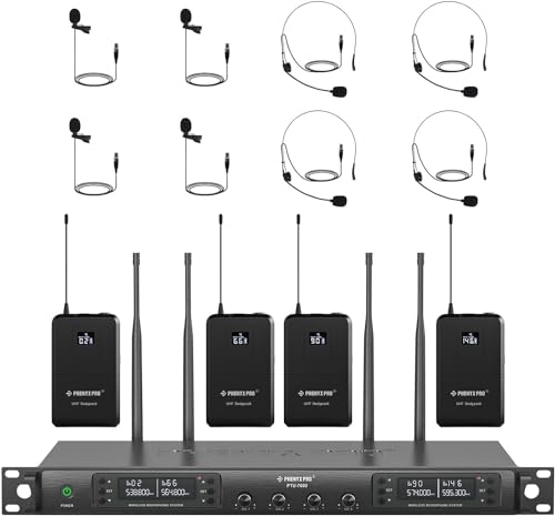Phenyx Pro Wireless Cordless Microphone System w/ 4 Bodypacks and Headsets/Lapel Mics, 4x40 Quad Channels, Auto Scan,328ft Coverage for Singing, DJ, Church(PTU-7000B)