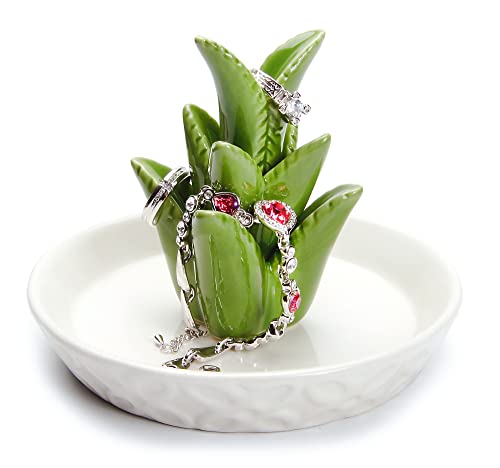 Ceramic Aloe Ring Holder Porcelain Jewelry Tray with Patterned White Dish Decorative Dish for Jewelry, Trinket & Christmas Birthday Wedding Engagement Gifts