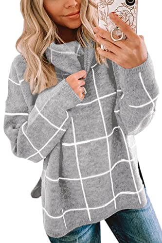 ECOWISH Women Pullover Sweater Turtleneck Plaid Long Sleeve Loose Casual Chunky Checked Knitted Winter Sweaters Jumper Tops Gray Small