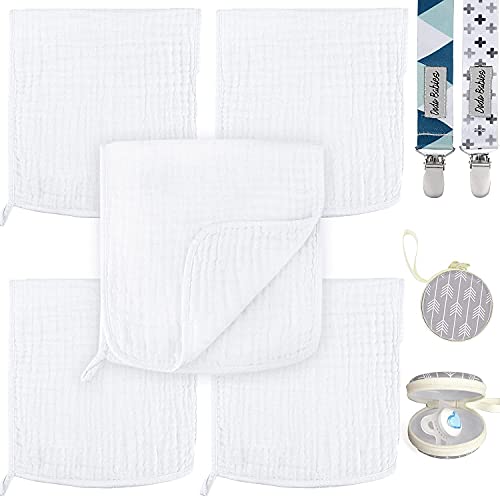 Dodo Babies Baby Muslin Burp Cloths 5 Pack 2 Pacifier Clips + Pacifier Case, 100% Cotton Large 20' by 10' Hand Washcloths, 6 Layers Extra Absorbent and Soft, Excellent Baby Shower/Registry Gift