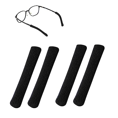 PEUTIER 4pcs Eyeglass Ear Cushions, Soft Knitted Cotton Anti Slip Temple Pads Eyeglass Temple Tips Eyeglass Pads Behind The Ear Eyewear Retainer Glasses Arm Sleeve for Sunglasses Glasses (Black)