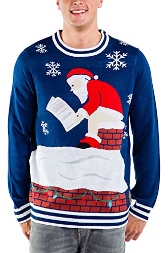 Tipsy Elves Men's Blue Santa Log on The Fire Ugly Christmas Sweater Size XX-Large