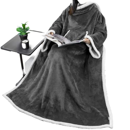 PAVILIA Premium Sherpa Fleece Blanket with Sleeves for Women Men Adult, Wearable Blanket Warm Cozy, Super Soft Thick Sleeved Throw with Arms Pocket, Gift for Women Mom Wife (Charcoal Gray)