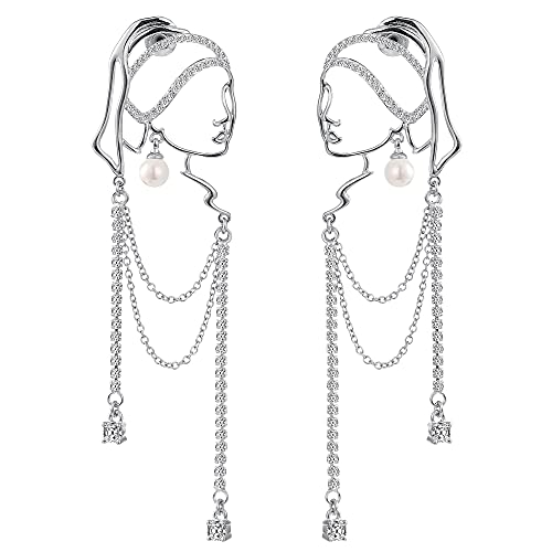 Unique abstract face Art earrings dangle statement long earrings for women girl rhinestone tassel handwork earrings jewelry fashion chandelier earrings (silver)