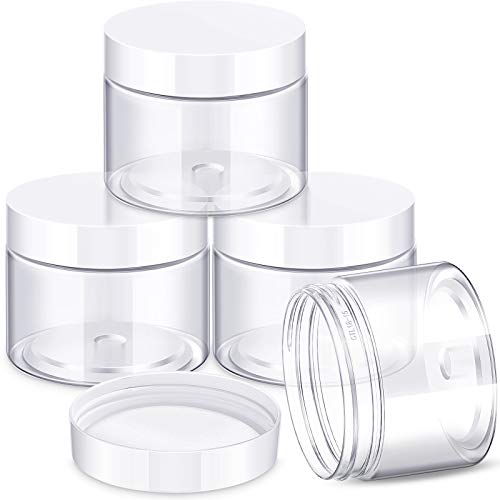 4 Pieces Round Clear Wide-mouth Leak Proof Plastic Container Jars with Lids for Travel Storage Makeup Beauty Products Face Creams Oils Salves Ointments DIY Making or Others (White, 6 Ounce)