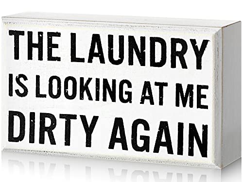 Farmhouse Laundry Room Decor Laundry Box Sign Funny Laundry Room Signs Rustic The Laundry Is Looking at Me Dirty Again Wood Box Sign for Home Bathroom Decoration, 5.5 x 6 x 1.77 Inches (Retro Color)