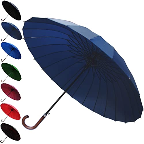 COLLAR AND CUFFS LONDON - 24 Ribs for Super-Strength - Windproof 60mph Extra Strong - Triple Layer Reinforced Frame with Fiberglass - Auto - Hook Handle Wood - Navy Blue Canopy Umbrella - Automatic