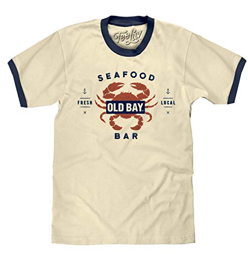 Tee Luv Men's Old Bay Seasoning Crab Ringer Tee Shirt (Natural/Navy) (S)