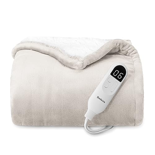 Bedsure Heated Blanket Electric Throw - Soft Flannel Electric Blanket, Heating Blanket with 4 Time Settings, 6 Heat Settings, and 3 hrs Timer Auto Shut Off (50x60 inches, Cream)