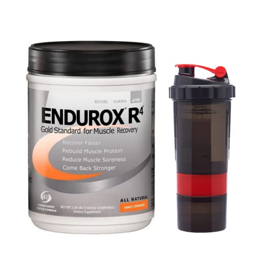 PacificHealth Endurox R4, Post Workout Recovery Drink Mix with Protein, Carbs, Electrolytes and Antioxidants for Superior Muscle Recovery, Net Wt. 2.29 lb, 14 Serving (Tangy Orange) with Shaker