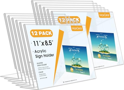MaxGear 12 Pack Acrylic Sign Holder 8.5X 11 Horizontal, Clear Slant Back Sign Holders Table Top Flyer Display Stand Frame Plastic Menu Document Holder for Office, Store, Restaurant