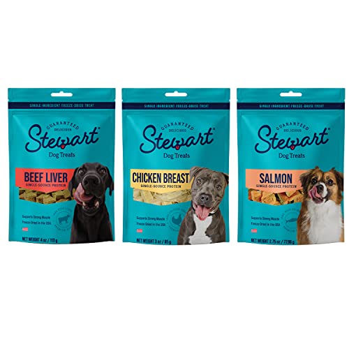 Stewart Freeze Dried Dog Treats Pup’s Preferred Variety Pack (Beef Liver, 4 oz. + Chicken Breast, 3 oz. + Salmon, 2.75 oz.) Healthy, Natural, Single Ingredient, Grain Free Dog Treat (3 Pouch Bundle)