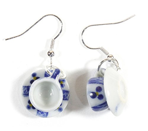 Little Oolong, Porcelain Tea Cup and Saucer Earrings, Blue and White