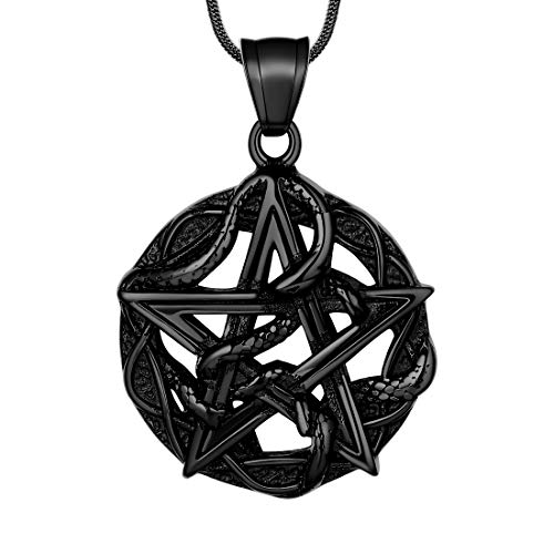 Hipunk Wiccan Necklace Pentagram Pentacle Pendant Star Entwined Snake Necklace Satanic Wicca 316L Stainless Steel Gothic Medallion Pendant Black Gun Plated Amulet Protection Jewelry SP0054B