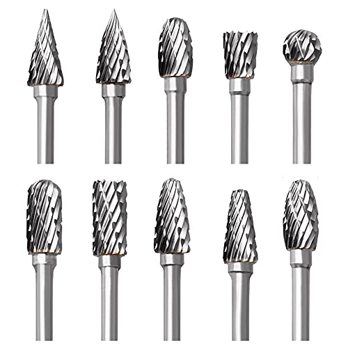 Tungsten Carbide Rotary Burr Set for Dremel, 10PCS Carbide Double Cut Carving Burr Bits with 1/8” Shank Rotary Tool Accessories for Woodworking, Engraving, Drilling, Steel Metal Working