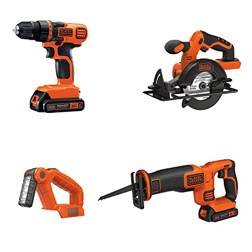 BLACK+DECKER 20V MAX Power Tool Combo Kit, 4-Tool Cordless Power Tool Set with 2 Batteries and Charger (BD4KITCDCRL)