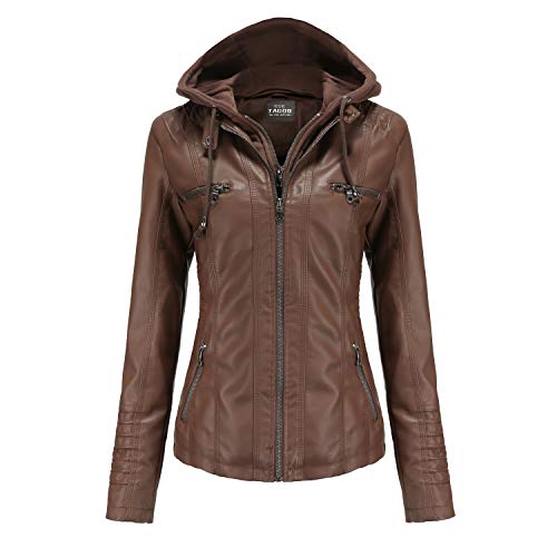Tagoo Faux Leather Jacket Women Motorcycle Coat for Biker with Removable Hood Plus Size