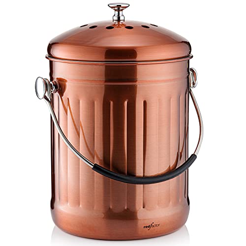 RED FACTOR Premium Compost Bin for Kitchen Countertop - Stainless Steel Food Waste Bucket with Innovative Dual Filter Technology - includes Spare Filters (Matt Copper, 1.3 Gallon)