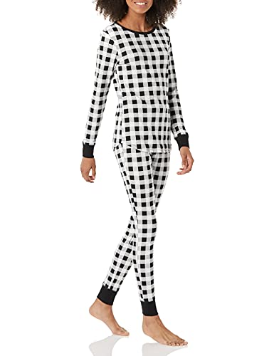 Amazon Essentials Women's Snug-Fit Cotton Pajama Set (Available in Plus Size), Black/White, Buffalo Plaid, X-Large