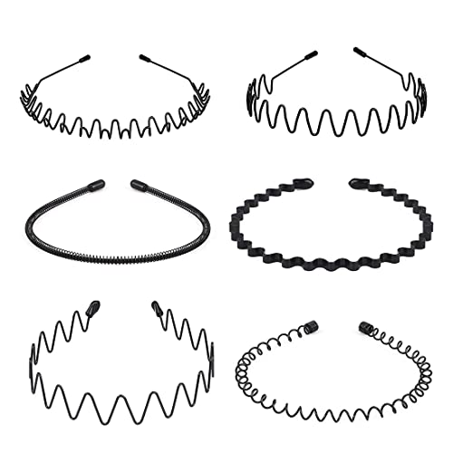 Nomakk 6 Pieces Metal Headbands Wavy Hairband Spring Hair Hoop Sports Fashion Hair Bands Unisex Black Elastic Non Slip Simple Headwear Accessories