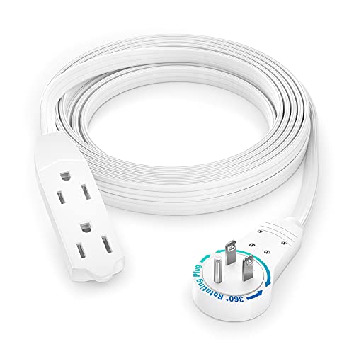 Maximm Cable 10 Ft 360° Rotating Flat Plug Extension Cord/Wire, 16 AWG Multi 3 Outlet Extension Wire, 3 Prong Grounded Wire - White - UL Certified