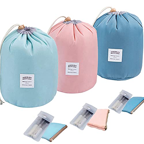 INVODA Makeup Bags Portable Drawstring Cosmetic Bag for Women Foldable Large Travel Toiletry Organizer Bag (Pink+Green+Blue)