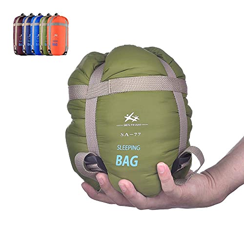 WERTYCITY BESTEAM Warm Weather Sleeping Bag - Portable Waterproof Compact Lightweight, Packable with Compression Sack for Kids Teens Adults Camping Backpacking Hiking, Spring Summer Fall(Army Green)