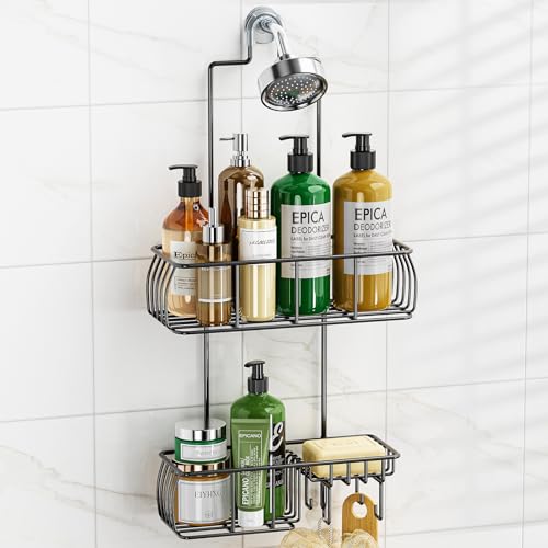 Epicano Shower Caddy Hanging, Anti-Swing Over Head Shower Caddy Rustproof with hooks for Towels, Sponge and more, Matte Black