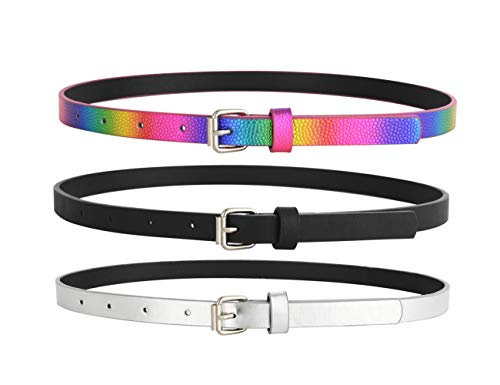 INSIGHTER Belts for Girls 3 Pack Big Teen Kids Belt Girls Fashion PU Leather Patent Belt Black/Silver/Rainbow A S