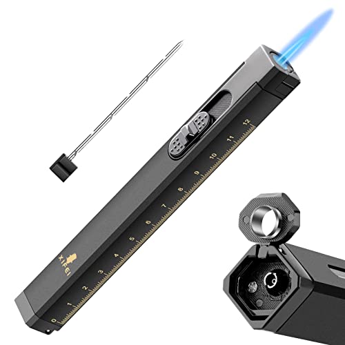 TISFA Cigar Lighter, Cigar Punch, Cigar Draw Enhancer, Cigar Length Measuring Tools, All-in-one Refillable Butane Lighter, Windproof and Portable Pen Torch Lighter (Black)