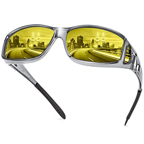 URUMQI Night Vision Driving Glasses Fit Over Glasses for Men Women, Anti Glare Polarized Nighttime Glasses HD Yellow Lens
