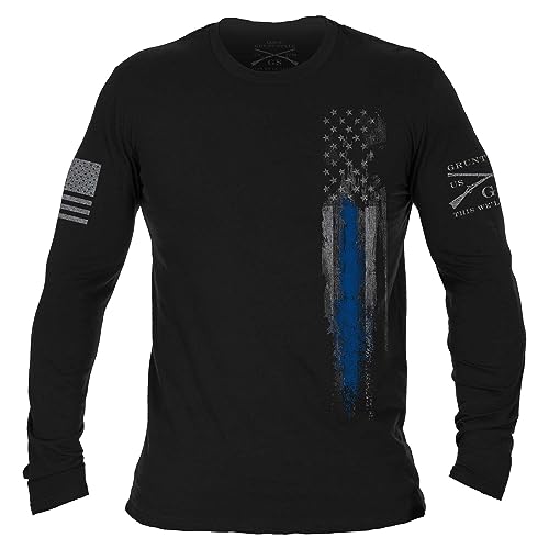 Grunt Style Blue Line Flag Long Sleeve T-Shirt (Black, XLarge)