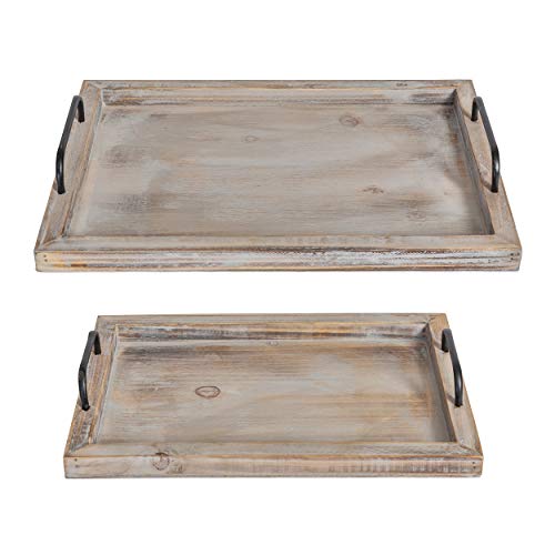 Besti Rustic Vintage Food Serving Trays (Set of 2) | Nesting Wooden Board with Metal Handles | Stylish Farmhouse Decor Serving Platters | Large: 15 x2 x11” - Small: 13 x2 x9” inches (Rustic)