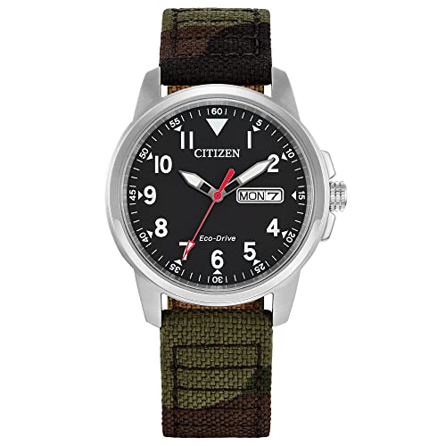 Citizen Men's Eco-Drive Weekender Garrison Field Watch in Stainless Steel with Camo Nylon strap, Black Dial (Model: BM8188-01E)