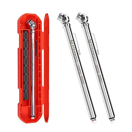 ETENWOLF Pencil Tire Pressure Gauge 10-50PSI, 20-120PSI with 16 Tire Caps in 2 cases, Calibrated to ANSI B40.1 Grade B(2%),Stainless Steel Body, for Cars, Pickups, RVs, Bicycles