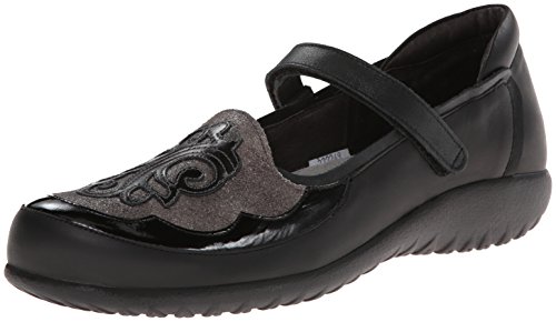 NAOT Women's Motu Mary Jane Flat, Jet Black Leather/Gray Shimmer Leather/Black Patent Leather, 36 EU/5-5.5 M US