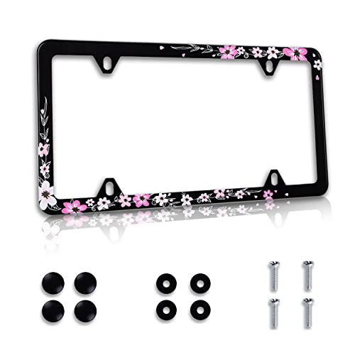 Pink Cherry Blossom Floral License Plate Frame 1 Pack Stainless Steel Car Beautiful Sakura License Plate Cover Accessory Rustproof Personalize Decor 12.3' X 6.3' with 4 Holes Screw for Women Gifts