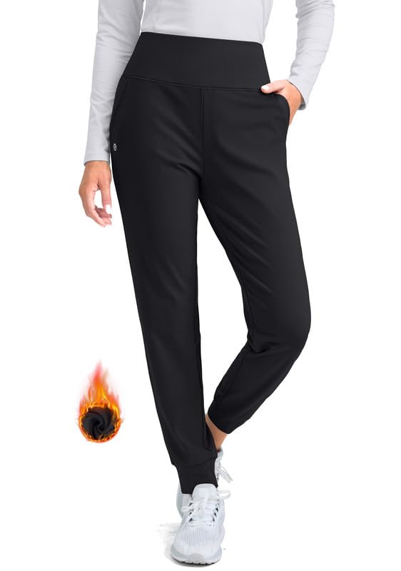 G Gradual Women's Fleece Lined Joggers High Waisted Water Resistant Thermal Hiking Pants Cold Weather Sweatpants with Pockets(Black,S)