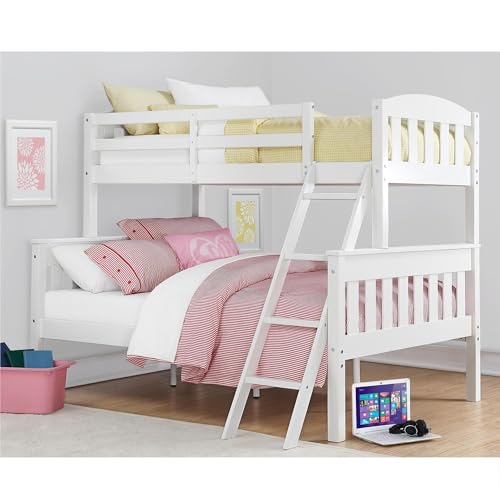 DHP Airlie Convertible Wood Bunk Bed, Stackable and Detachable Bed Frames for Kids and Teens, with Angled Ladder, High Guardrail, Wood Slats, No Boxspring Required, Twin-Over-Full, White