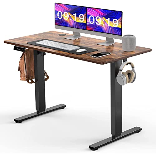SMUG Standing Desk, 48 x 24 in Electric Height Adjustable Computer Desk for Home Office, Sit Stand up Work Gaming Table with Memory Controller/Headphone Hook, Rising Lift Workstation-Rustic Brown