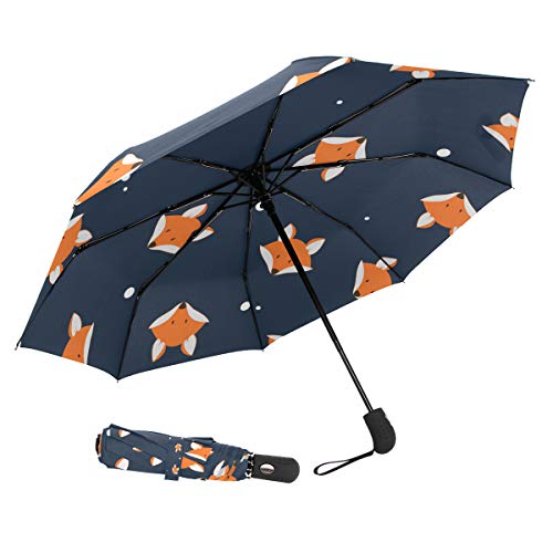 ZOEO Fox Travel Umbrella Cute Animal Navy Totes Auto Open Close Umbrella Windproof Compact Folding Reverse Umbrella Portable for Kid Girls