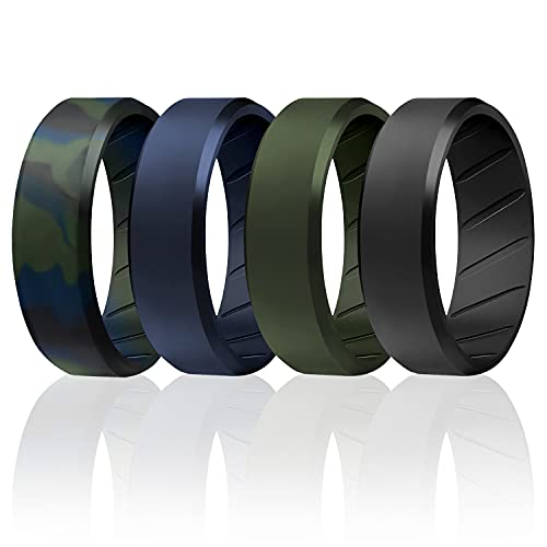 ROQ Silicone Rubber Wedding Ring for Men, Comfort Fit, Men's Wedding Band, Breathable Rubber Engagement Band, 8mm Wide 2mm Thick, Beveled Edge, 4 Pack, Olive Blue Camo, Black, Blue, Green, Size 12