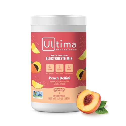 Ultima Replenisher Mocktini Electrolyte Drink Mix – Peach Bellini, 90 Servings – Hydration Powder with 6 Key Electrolytes & Trace Minerals – Keto Friendly, Non- GMO & Sugar-Free Electrolyte Powder
