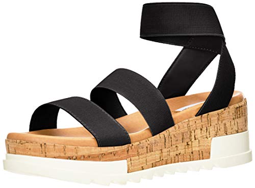 Steve Madden Bandi Black Cork-Wrapped Textile Ankle Strap Platform Wedge Sandal (8, BLACK)