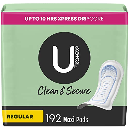 U by Kotex Clean & Secure Maxi Pads, Regular Absorbency, 192 Count (4 Packs of 48) (Packaging May Vary)