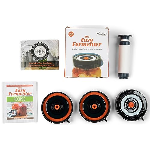Nourished Essentials Fermentation Kit - 3 Pack Airlock Fermentation Lids for Wide Mouth Mason Jars with Vacuum Sealer - Air Lock for Fermenting Kimchi, Sauerkraut, Pickle and Kombucha