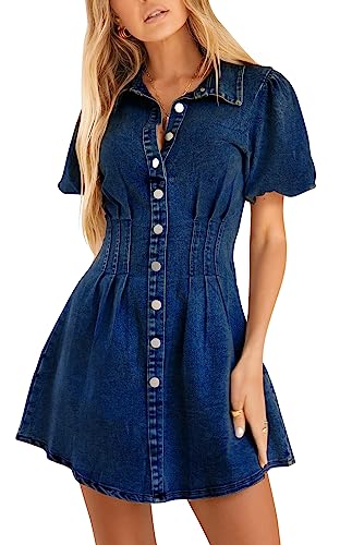 KDF Summer Denim Dress for Women Puff Sleeve Slim Fit Jean Dresses for Women 2024 Casual Navy Blue Size X-Large