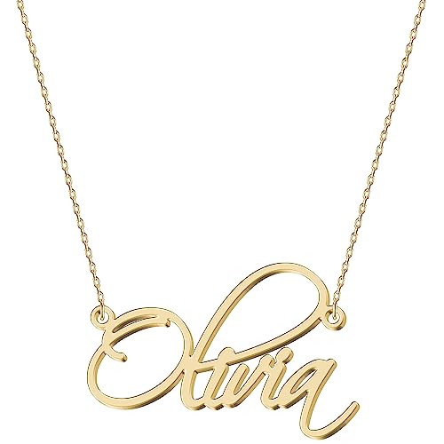 UMAGICBOX Olivia Name Necklace Personalized 18K Gold Plated Stainless Steel, Custom Minimalist Initial Nameplate Pendant for Christmas Anniversary Friendship Birthday for Women Girls Teen Kids